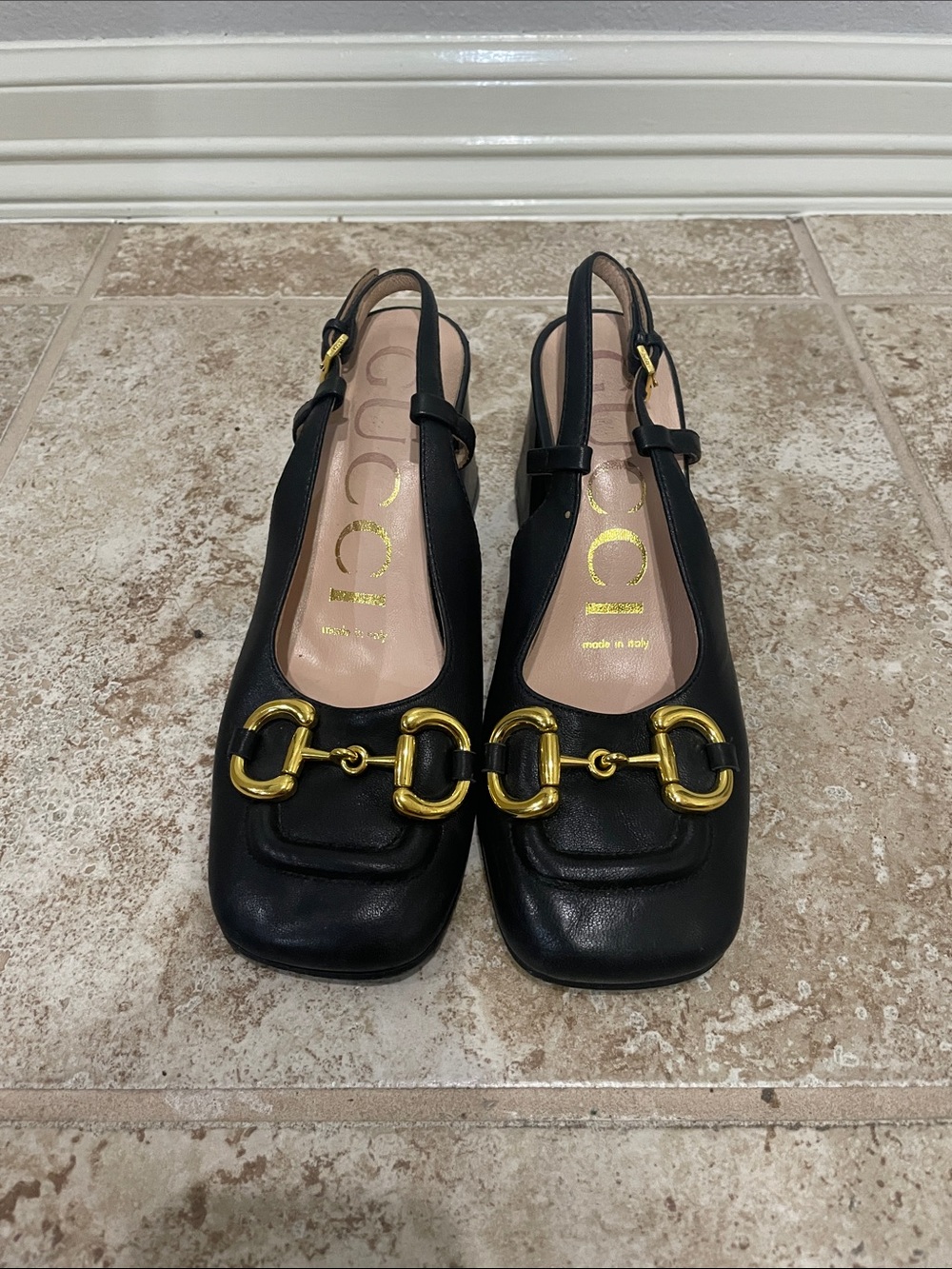 Gucci Black Leather Horsebit Slingback Mules with Gold Hardware